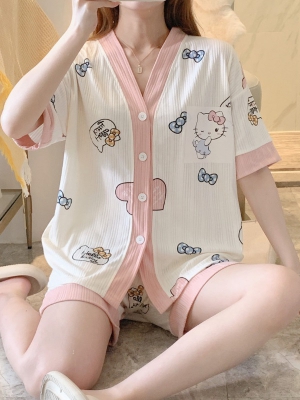 Bộ đồ mặc nhà mèo hello kitty cổ kimno ngắn tay ngọt ngào dễ thương Thảo Chip DT133